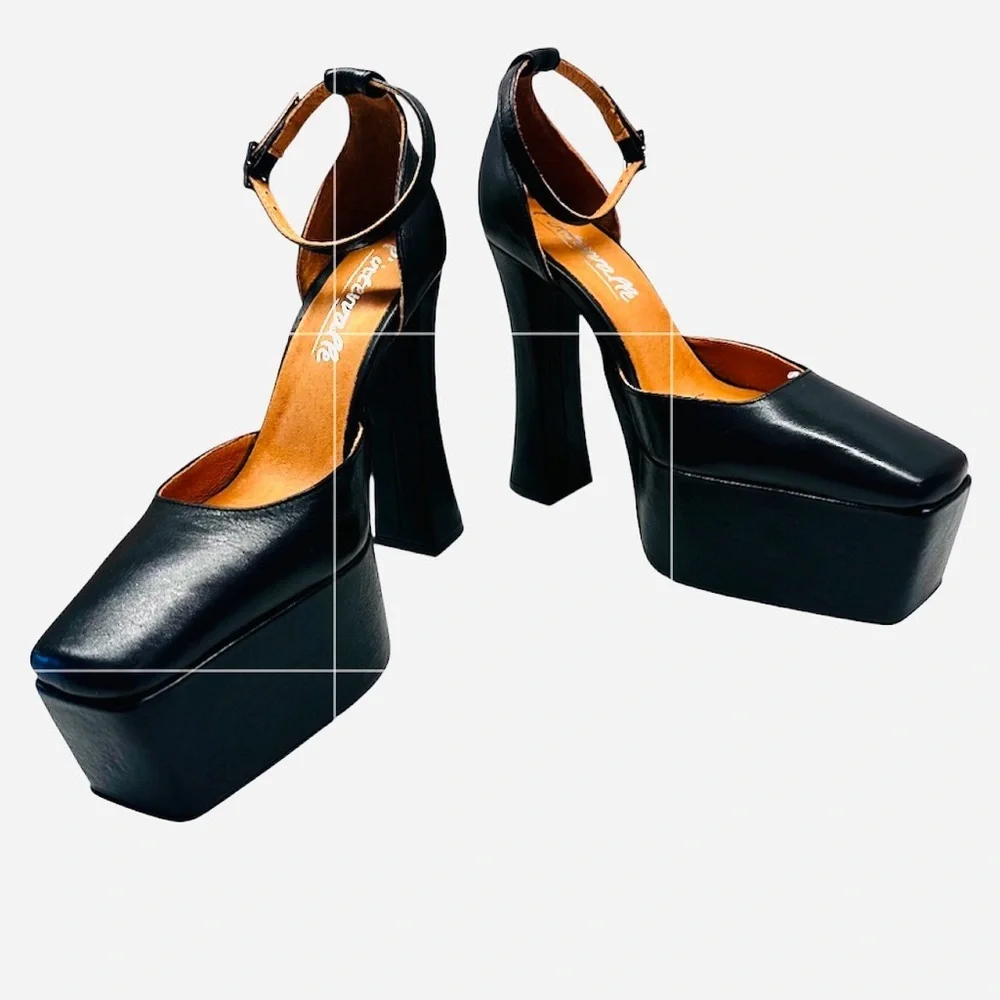 L'INTERVALLE Cabaret Black Leather Platform Shoes Block Heels square toe size 37 - Picture 2 of 13